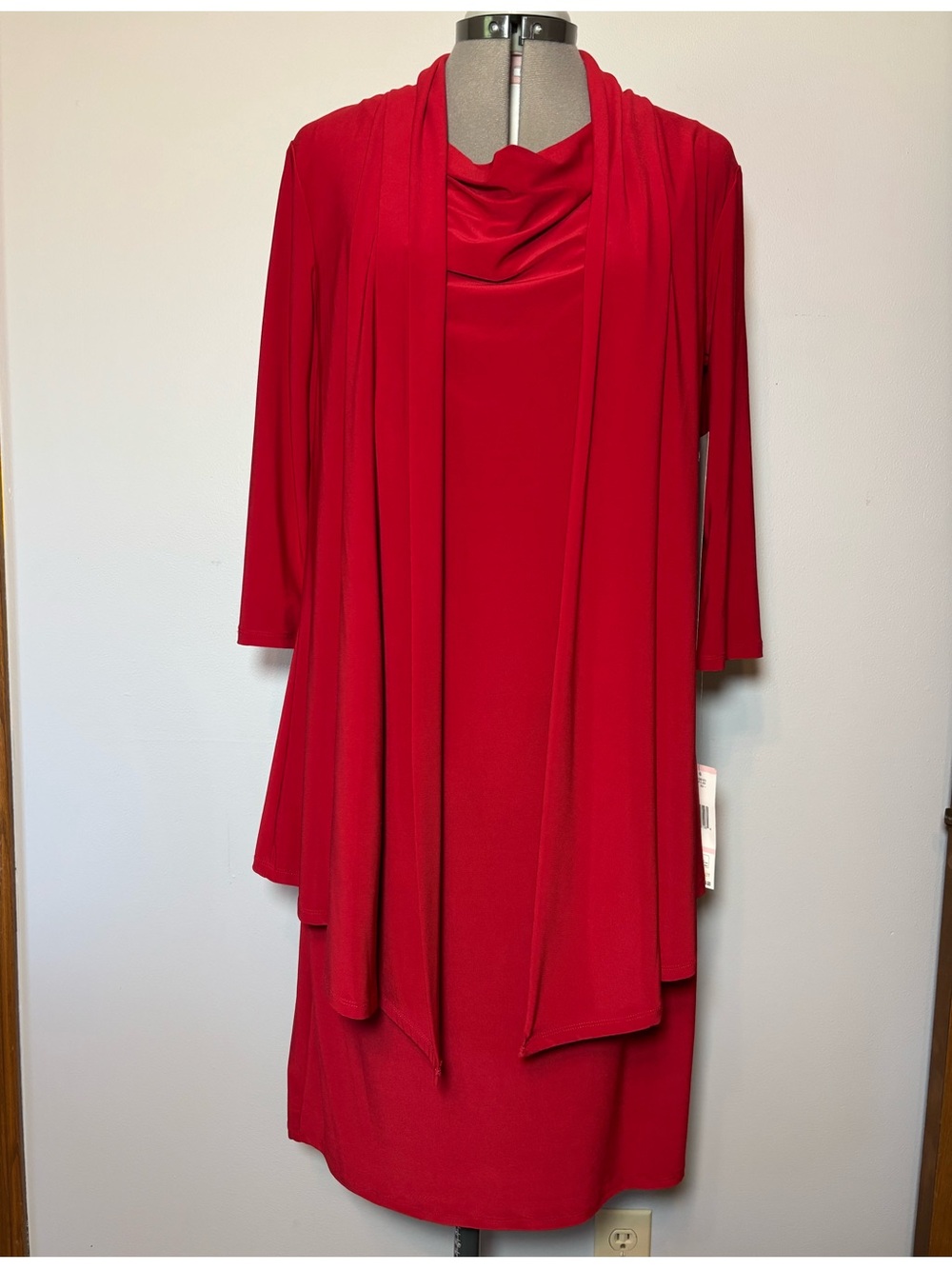Jones New York Red Long Sleeve Cowl Neck Dress with Open Cardigan - size 10